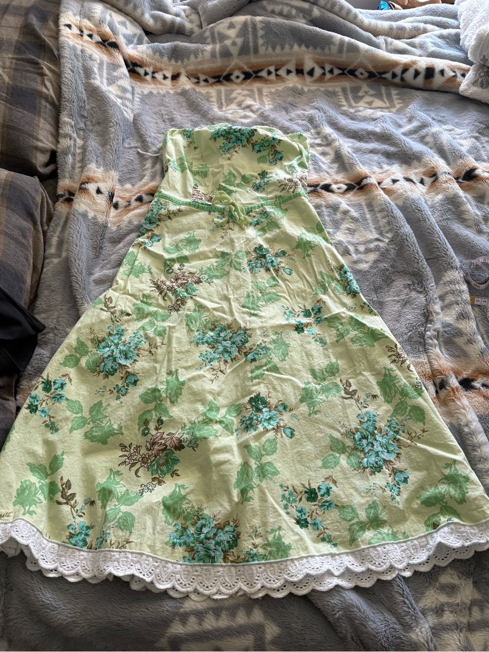 Strapless Light Green Floral Dress with Lace Trim